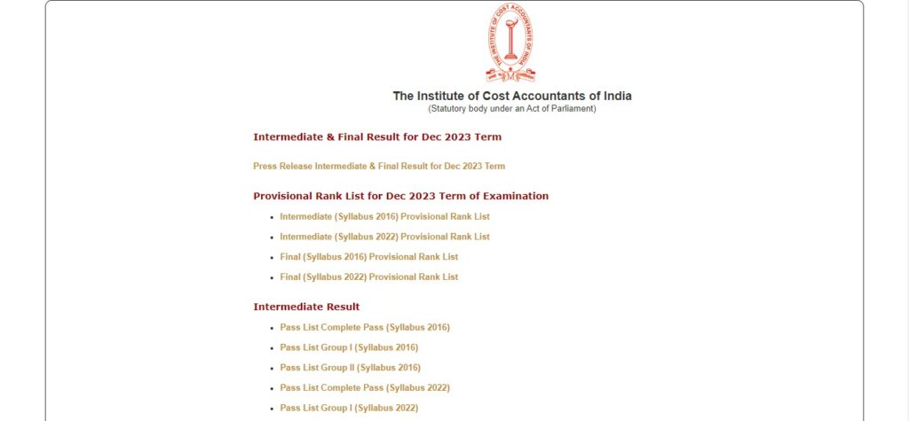 ICMAI CMA Final, Inter Result